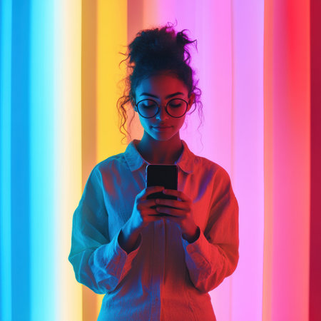 A young woman with curly hair and glasses is focused on her smartphone while standing against colorful neon lights in an indoor setting.の素材