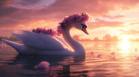 A beautiful swan with a floral crown gracefully floats on calm water during a vibrant sunset, surrounded by delicate petals.の素材