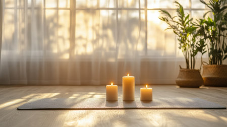 Warm candlelight flickers gently in a tranquil indoor setting filled with plants, creating a peaceful ambiance bathed in soft sunlight.の素材