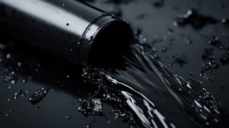 A dark liquid pours from a black container, causing splashes on a reflective surface, creating an artistic and atmospheric effect.の素材