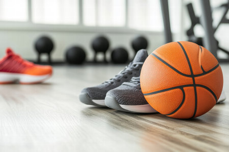 Bright gym interior features a basketball resting beside athletic shoes, suggesting an active lifestyle and readiness for exercise.の素材
