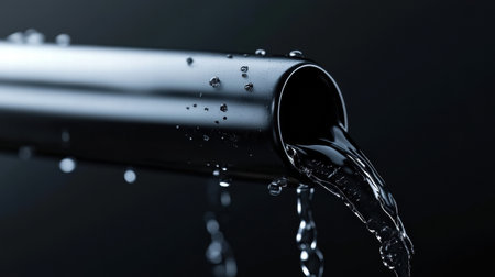 A sleek metallic pipe releases water droplets into a shadowy environment, highlighting the fluid movement and reflections in the dark.の素材