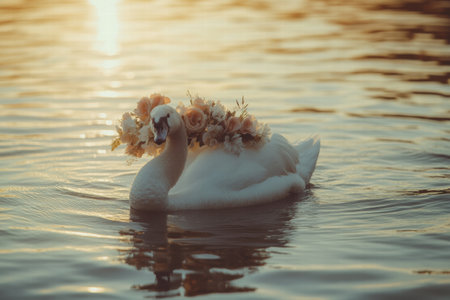 A beautiful swan with a floral crown swims peacefully in the calm water as the sun sets, creating a warm and tranquil atmosphere.の素材