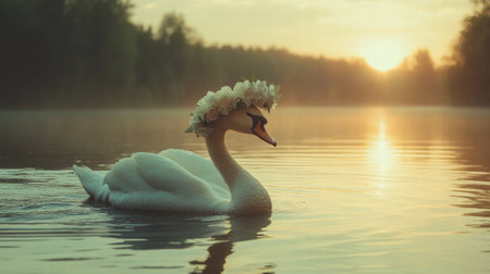 A graceful swan with a flower crown swims peacefully in calm waters as the sun sets behind lush trees, creating a magical atmosphere.の素材