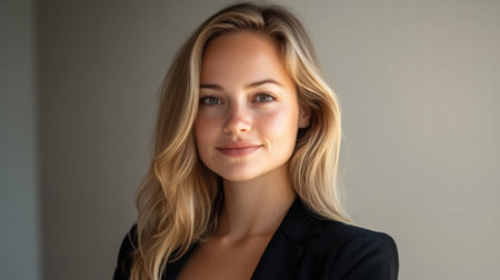 A young woman showcases her bright smile and warm demeanor while dressed in a stylish black blazer against a neutral background.の素材