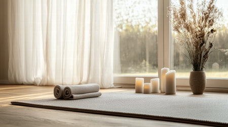 Soft natural light fills the room as soft towels and glowing candles create a peaceful ambiance next to a vase of dried flowers.の素材