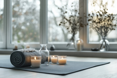 Soft textiles and glowing candles create a serene spa environment, enhancing relaxation in a well lit, peaceful setting.の素材