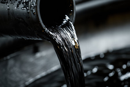Dark liquid flows steadily from a pipe into a surface below, creating ripples in a dimly lit industrial environment.の素材