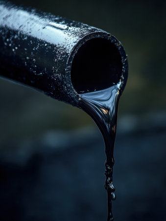 Thick black liquid escapes a pipe, creating ripples as it descends into a dimly lit surface in an industrial setting.の素材