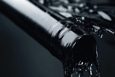 Water streams from a polished pipe, creating ripples and reflections against a dark background, showing casing fluid motion and texture.の素材