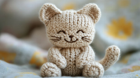 A cute crochet cat figure with a joyful expression rests against a soft, floral patterned background, showing warmth and creativity.の素材