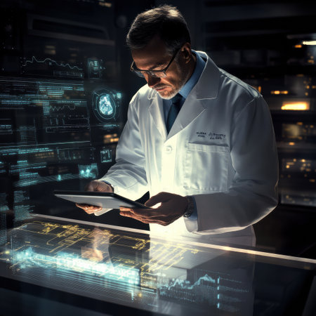 A scientist in a lab coat examines a tablet while surrounded by glowing digital displays, showing complex data and analytics.の素材