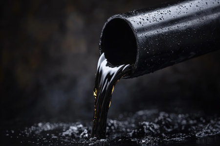 A black pipe spills water into a dark surface, causing ripples and splashes to form, creating visual interest in the reflective water.の素材