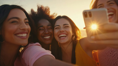 Four friends smile and laugh together as they capture a joyful moment at the beach during a vibrant sunset.の素材