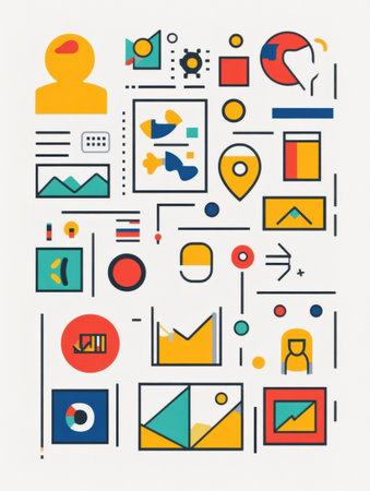 A vibrant composition of geometric shapes and icons illustrating data visualization concepts in a modern style with bright colors.の素材
