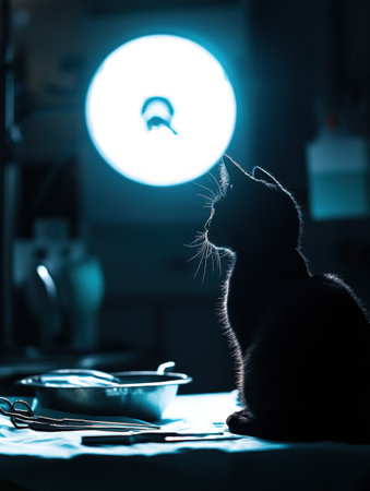 A black cat sits silently in a shadowy room, captivated by a glowing circular light while surgical instruments rest on the table.の素材