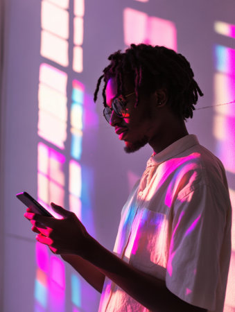 Bright sunlight casts vibrant shadows on a young man as he focuses on his smartphone, creating an artistic play of colors on the wall.の素材
