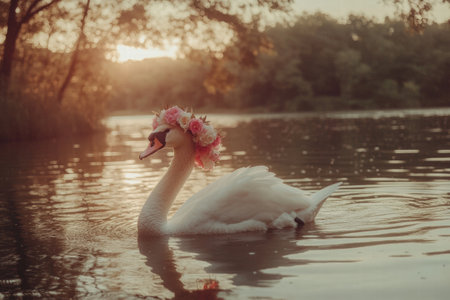 A majestic swan adorned with a floral crown glides smoothly across a serene lake as the sun sets, casting a warm glow on the water.の素材