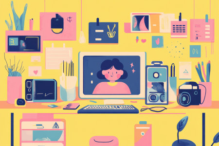 A person sits at a computer in a vibrant workspace surrounded by plants, stationery, and photography equipment, creating a lively atmosphere.の素材