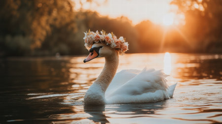 A beautiful swan adorned with a floral crown swims peacefully in calm waters during sunset, creating a picturesque nature scene.の素材