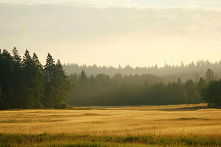 Soft golden grasses stretch across the landscape, blending with a misty atmosphere and towering trees in the background.の素材