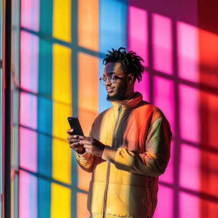 A young man stands absorbed in his smartphone amidst a room filled with bright, colorful light streaming through large windows.の素材