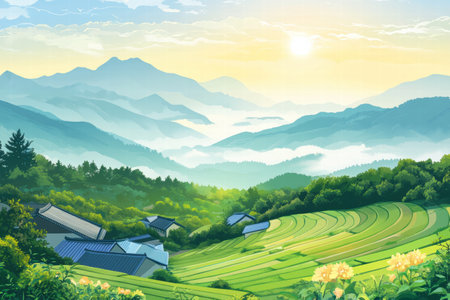 Early morning light illuminates terraced fields and mountains, creating a peaceful landscape with soft hues and misty valleys.の素材