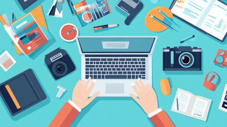Hands are typing on a laptop surrounded by design tools, photography equipment, notebooks, and writing materials in a bright workspace.の素材