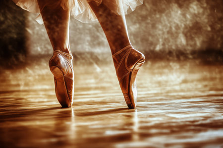In a dimly lit dance studio, a ballet dancer balances on pointe shoes, showcasing elegance and strength against a wooden floor.の素材
