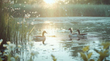 Ducks paddle peacefully across a tranquil pond while the sun rises, illuminating the water and surrounding vegetation with a warm glow.の素材