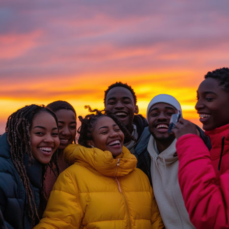 A group of six friends smiles happily as they capture a selfie during a vibrant sunset at dusk, surrounded by colorful clouds.の素材