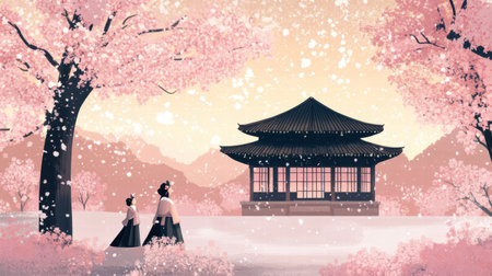 Two figures stroll under blooming cherry trees, enjoying the serene atmosphere of a traditional Asian pavilion at sunset.の素材