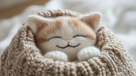 A small, fluffy kitten relaxes with a happy expression while nestled in a warm, knitted blanket at home.の素材