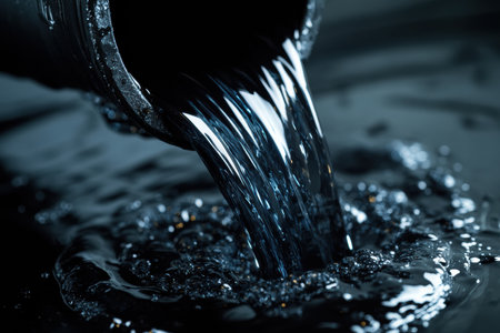 Water streams out from a pipe, splashing onto a dark surface, forming ripples and bubbles with a smooth flow.の素材