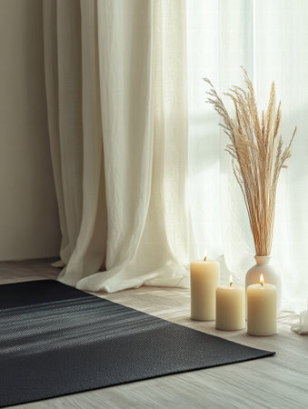 A serene indoor setting features a yoga mat placed on wooden flooring, with lit candles and dried flowers beside a window.の素材
