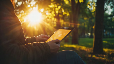 In a serene park setting, an individual sits comfortably on a bench, engaging with a tablet, illuminated by the warm afternoon sun.の素材