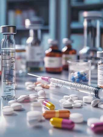 Multiple types of medications, syringes, and vials are arranged on a table in a clinical setting, showing a variety of health products.の素材