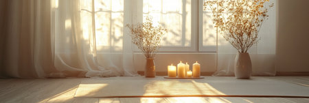 Soft rays of sunlight filter through sheer curtains, highlighting candles and flower arrangements in a peaceful, tranquil setting.の素材