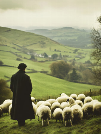 A shepherd is seen herding a flock of sheep across rolling green hills under a cloudy sky, creating a tranquil rural scene.の素材