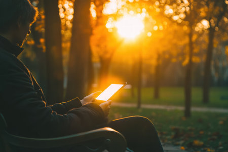 Sitting on a park bench, an individual uses a tablet while the sun sets, casting a warm glow through the trees in autumn.の素材