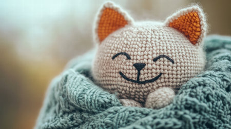 A cheerful crochet cat plushie is wrapped in a cozy blanket, showing its bright colors and friendly smile, ideal for a warm atmosphere.の素材