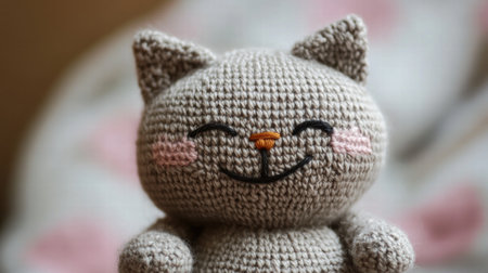 A cute crochet cat toy features a smiling expression with rosy cheeks, set against a warm and inviting textile background.の素材
