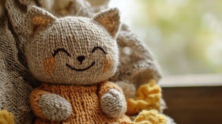 A cheerful knitted cat doll with a bright smile is sitting on a surface, basking in natural light on a relaxed afternoon.の素材