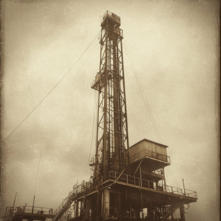 A tall drilling rig rises prominently, its structure outlined by an overcast sky, highlighting an...