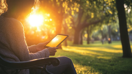 A person sits comfortably on a park bench, engaged with a tablet, as the warm sun sets, creating a serene atmosphere.の素材