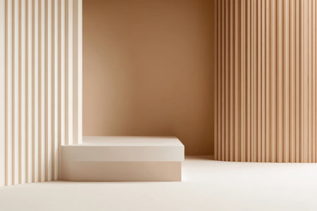 A spacious interior features soft beige hues and vertical lines, creating a calming atmosphere for relaxation and creativity.の素材