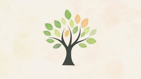 A tree icon featuring lush branches and a variety of green leaves, symbolizing life and sustainability in a simplified design.の素材
