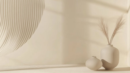 Soft sunlight filters through a textured surface, highlighting two neutral vases and dried plants in a serene indoor setting.の素材