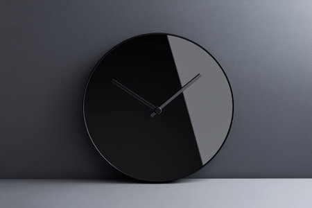 Sleek black wall clock with a simple design rests against a gray surface in a contemporary setting, emphasizing modern decor.の素材
