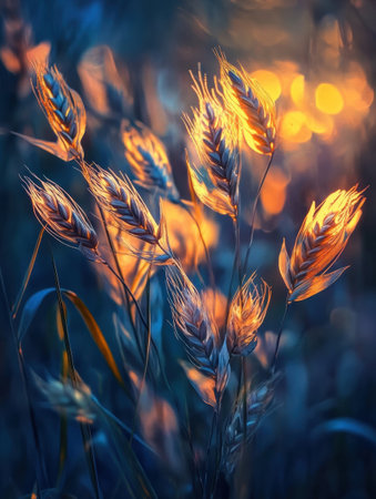 Golden ears of wheat catch rays of sunlight during sunset, creating a serene atmosphere in a peaceful field.の素材